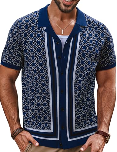 PJ PAUL JONES Mens 70S Shirts Vintage Shirts Button Down Cuban Collar Knitted Polo Shirt