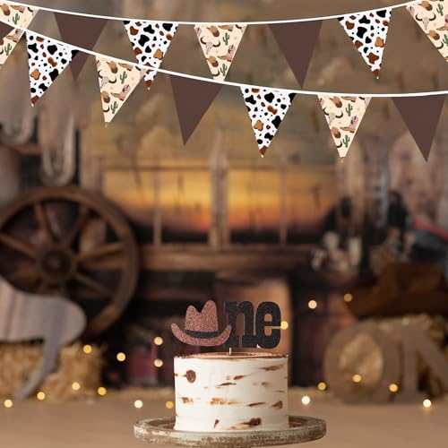 Image of 32Ft Western Cowboy Party Decorations Brown Cow Triangle Flag Fabric Banner Pennant Garland Streamers for Western Cowgirls Birthday Baby Shower Derby Day Yee Haw Farm Cow Wild West Party Decor