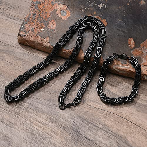 Men's Stainless Steel Mechanic Black Chunky Byzantine Chain Bracelet And Necklace Set #TOP4