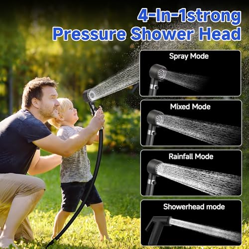 Rechargeable Camping Shower Pump, 9000mAh Portable Shower for Camping, 4 Sprayer Modes Electric Outdoor Shower Head IPX7 Waterproof USB Battery Powered Kit with 5 Gallon Bucket&Foot Pad (Black)