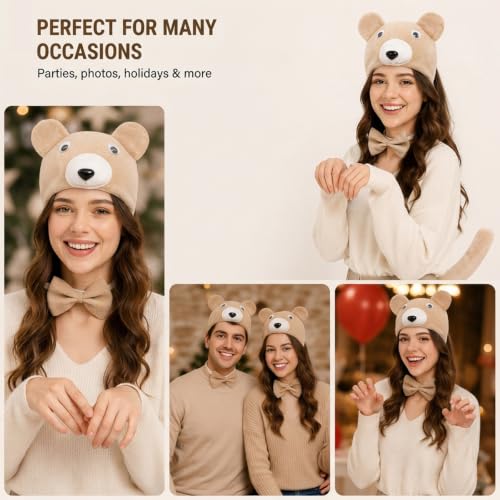 Image of Brown bear Headband with Bow and Tail Costume Set, Halloween Animal Ears Costume Dress Up Suit, Cosplay Party Supplies for Adult