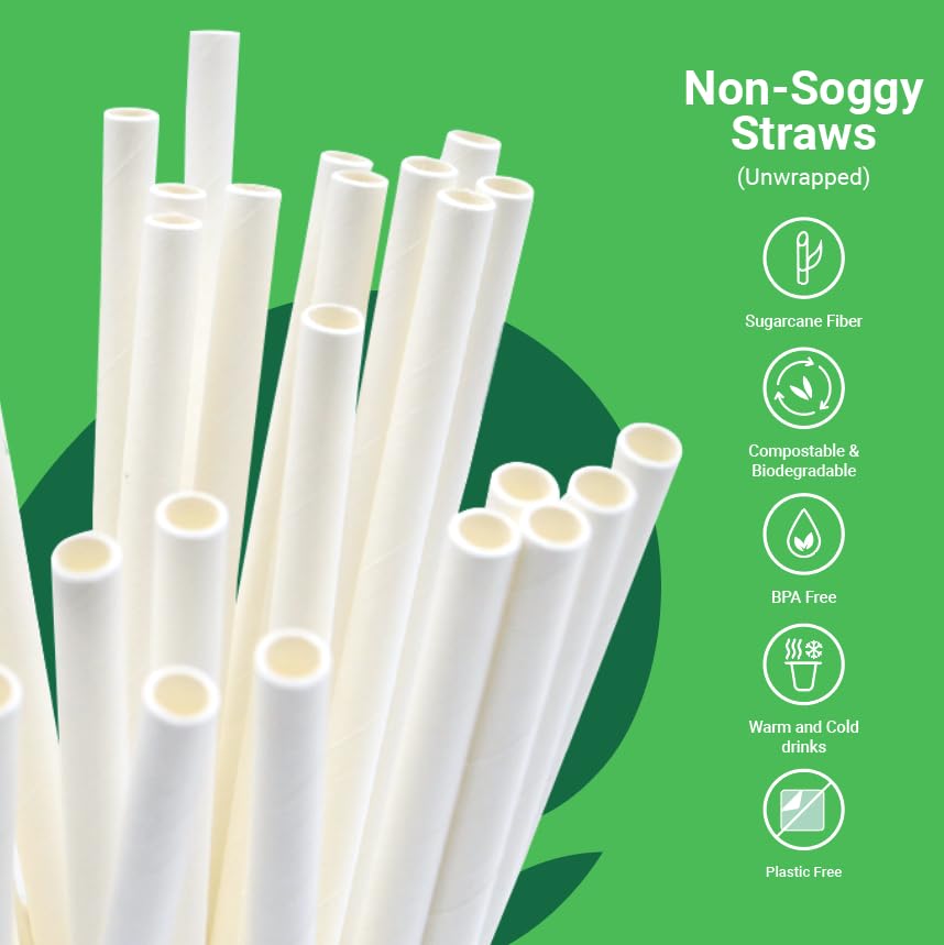 Reharvest Unwrapped 8-Inch, No-Sog Straws [Pack of 100], 100% Biodegradable, Home Compostable, Plastic-Free, PFAS-Free, BPA-Free, Made of Eco-Friendly Plant-Based Bagasse Sugarcane Fibers, White