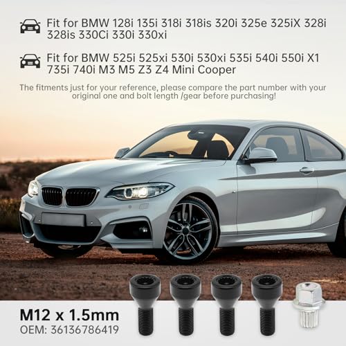Image of 5pcs 36136786419 M12x1.5mm Wheel Lock Set Lug Nuts Bolts Fit for BMW Z4 Z3 M6 M3 650i 535i 528i 525i 335i 328i 330i Mini Cooper with Master Key, Black Anti-Theft Wheel Stud Bolt Locks