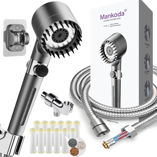 Mankoda High Pressure Filtered Shower Head - 3 Spray Modes Shower head with Handheld, Detachable Showerhead with 12 Replaceable Water Softener Filters for Hard Water | Shower with 75' Anti-Burst Hose