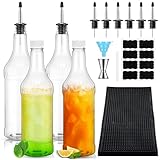 RimCereal 16 Pieces 32 oz Plastic Long Neck Bottles with Speed Pourers Spouts, Caps and Bartender Accessories, Snow Cone Syrup Bottles, Juice Pourers for Bartending, Store and Pour Containers for Bar