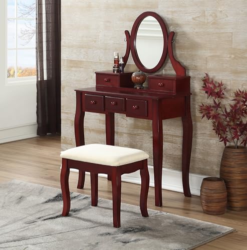Roundhill Furniture Ashley Wood Make-Up Vanity Table and Stool Set, Cherry