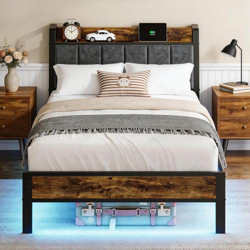 Image of Liians Twin Size Bed Frame with Storage Headboard and Charging Station, Smart RGB LED Lights, Metal Platform Bed with USB & Type-C Ports, Noise Free, Easy Assembly, No Box Spring Needed