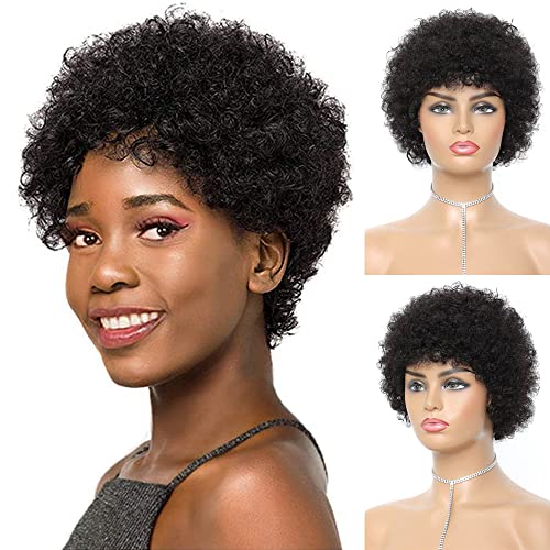 Ishine Afro Curly Wigs Human Hair Wigs, 6 Inch Short Afro Kinky Curly Wigs For Black Women, Natural Black Glueless Afro Wigs Curly With Wig Cap #TOP9