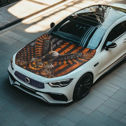 Image of Halloween Eagle Design Car Hood Cover Protector for SUV Sedans Trucks 59x39 Inch Stretchable Car Hood Wrap Blankets Waterproof Sun Proof Auto Patriotic Decorations