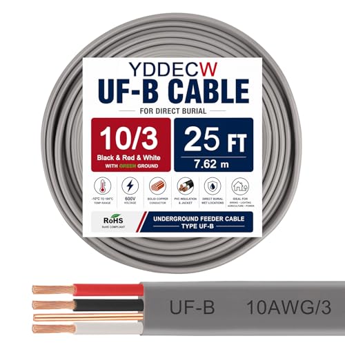 Image of 10 /3 UF-B Wire - 25FT 100% Pure Copper 10AWG 3 Connector Direct Burial Electrical Cable 10 Gauge for Underground Feeder Wet or Corrosive Locations Indoor & Outdoor etc