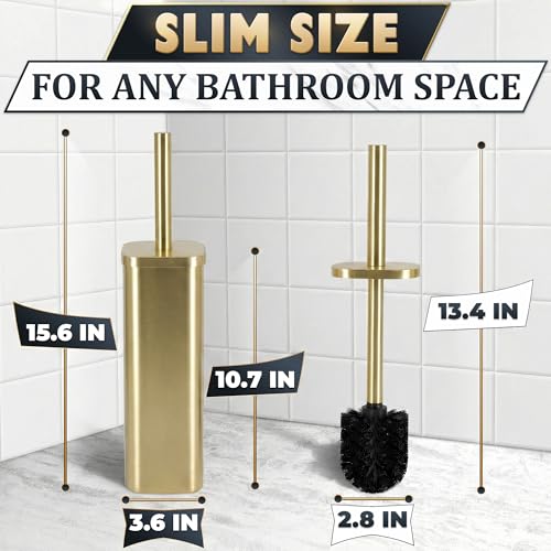 Image of Gold Toilet Brush with Square Holder - Toilet Brush and Holder Set Gold, Stainless Steel Handle with Splash Shield, Replaceable Head and Removable Inner Cup - Freestanding Bathroom Toilet Cleaning Set