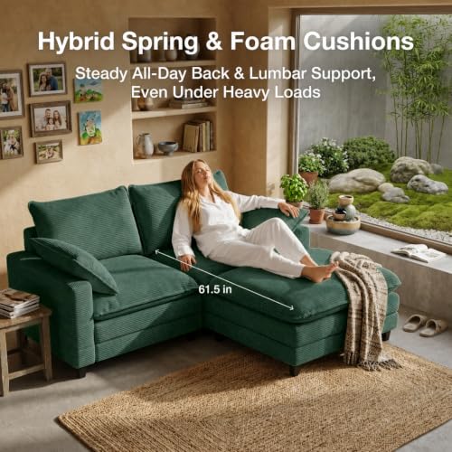 Image of 73.5 inch L-Shaped Cloud Sofa, Modular Sectional Couch with Ottoman Coffee Table, Corduroy Deep Seat Loveseat with Pillow, Comfy Modern Couch for Living Room Bedroom Apartment, Green