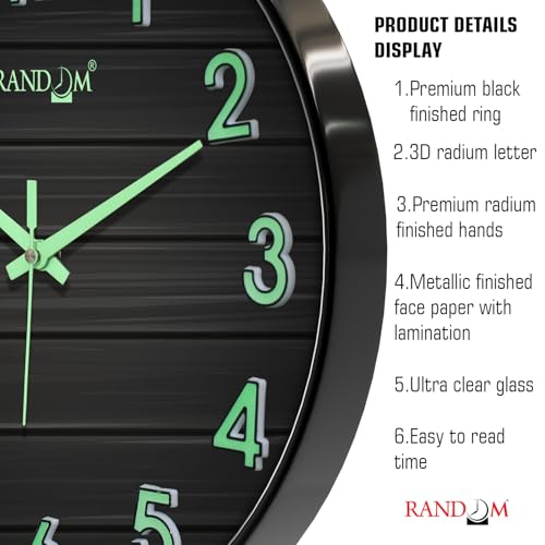 Image of RANDOM Modern 12.75INCH Wall Clock with 3D Radium Numbers, Silent Non-Ticking, Premium Black Frame, Ultra Clear Glass for Living Room, Home Office