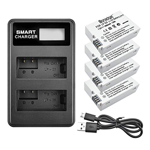 Bonadget LP-E8 4pack 1800mAh Replacement Lithium-Ion Battery and LCD Dual Charger Compatible with LC-E8E Charger and Canon Rebel T3i T5i T2i T4i, EOS 700D 600D 550D 650D, Kiss X4 X5 X6 LC-E8E