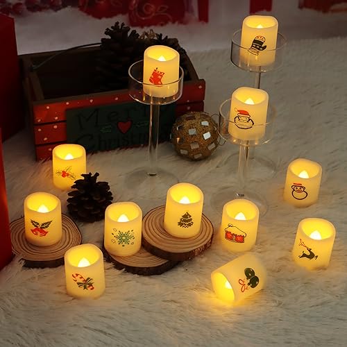 Image of Battery Operated Flameless LED Votive Candles with Christmas Decals 12 PCS