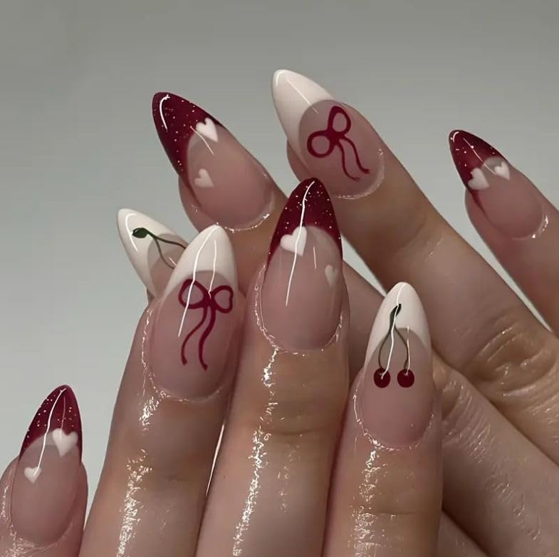 Cherry Bow Press On Nails Almond Shape – Red French Tip False Nails with Heart & Cherry Nail Art Design, Glossy Full Cover Stick On Nails, Reusable Artificial Nails Set for Women & Girls, 24 PCS-image-18