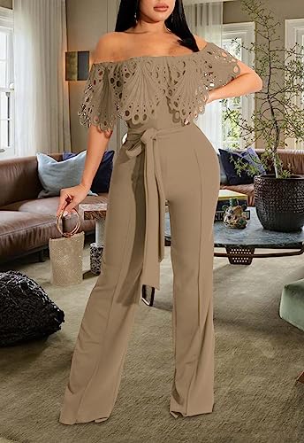 Image of Off Shoulder Jumpsuit for Women High Waist Wide Leg Long Pants Jumpsuits