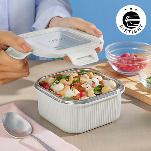 Image of Larah by BOROSIL Freshbyte Food Storage Container with Airtight Stainless Steel Lid | Fridge Container for Lunchbox | Food Grade | Microwave Safe (Grey, 400 ml, Square)