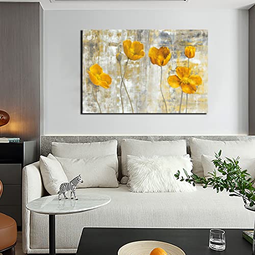 Floral Wall Art For Living Room Yellow Poppy Flower In Bloom Pictures Prints On Canvas For Bedroom Abstract Painting Decor For Bathroom Gray Vintage Artwork For Home Office Kitchen Decoration, Ready To Hang(24"*36") #TOP2