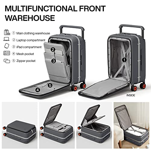 Mixi Carry On Luggage Wide Handle Luxury Design Rolling Travel Suitcase Pc Hardside With Aluminum Frame Hollow Spinner Wheels, With Cover, 20 Inch, Rock Grey #TOP2