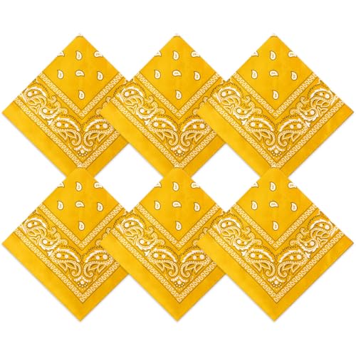 Blulu 6 Pcs Golden Neon Color Cowboy Bandanas for Men Women Assorted Paisley Pattern Handkerchiefs 22 x 22 Inch Kids Headwrap Scarfs