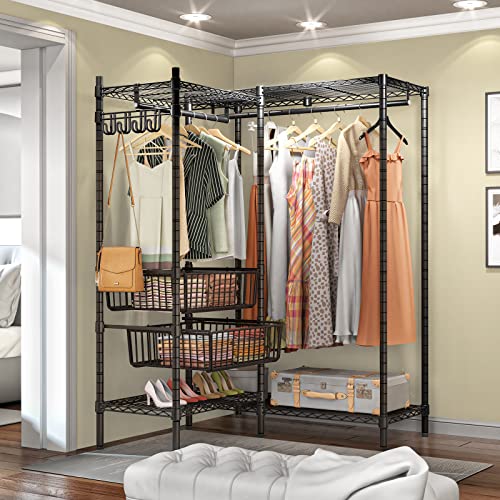 Vipek L9 L Shape Garment Rack Heavy Duty Clothing Rack With 4 Adjustable Shelves & Slid Baskets, Freestanding Clothes Rack Metal Wardrobe Closet Rack, 44.6"L X 39"W X 72.9"H, Max Load 580Lbs, Black #TOP1