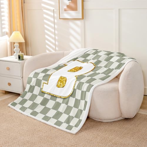Image of Erosebridal Sage Green Checkered Fuzzy Plush Throw Plaid Initial B Fleece Blanket Personalized Monogram Sherpa Blanket for Kids Boys Girls,Fashion Grids Gingham Decor for Bed Couch 40 inchx50 inch