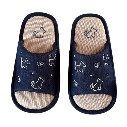 Cute Dog Summer Linen Slippers with Rubber Sole, Women's Memory Foam Open Toe Slide Slippers, Slip-on House Shoes