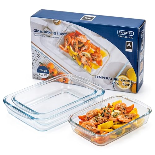 Aspect Oven Dish Set of 3 Borosilicate Glass Baking Dishes with Non Stick Baking Surface Freezer to Oven Safe Bakeware Set -20C to 400C Roasting Baking & Cookie Sheet Trays 1L 1.6L & 2.2L
