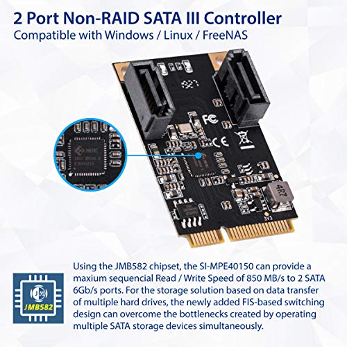 Image of IO CREST M.2 22x42 PCIe Interface to 2 Port SATA III Expansion Card Jmicro JMB582 Chipset, Add Two SATA 3.0 Ports to Any M.2 M-Key Slot SI-MPE40150