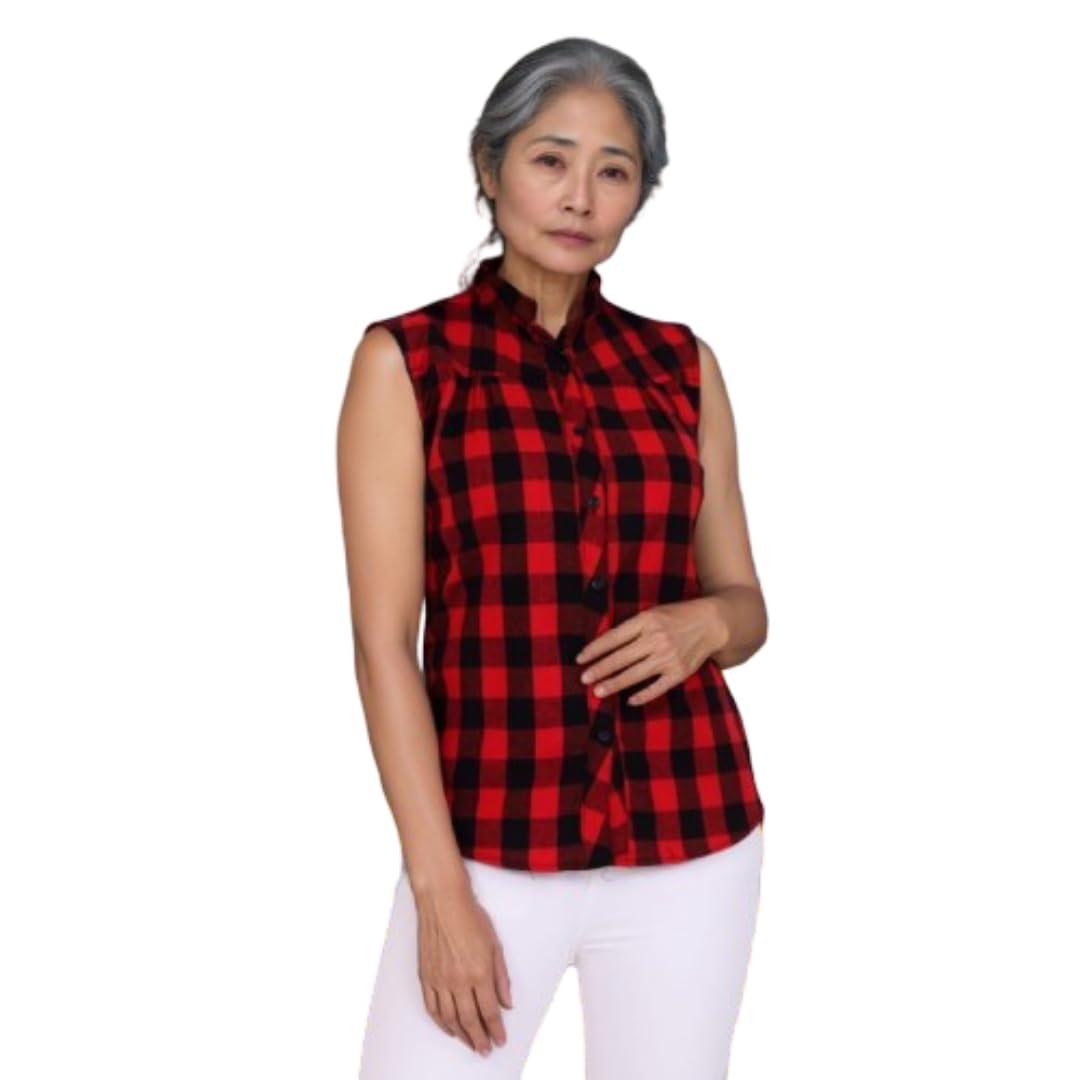 Wingzss Sleeveless Plaid Vest, Salmon Red and Black Check Pattern, Collared Button-Up-image-42
