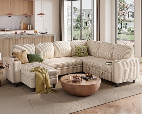 Image of LINSY HOME Sectional Sofa with Pull Out Bed, 6 Seats Corduroy Reversible Sleeper Sofa with Storage Seats & Chaises, USB Ports, Cup Holders, Side Pocket, Sectional Couches for Living Room, Beige