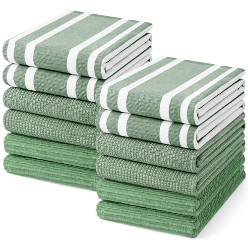Image of Homaxy Premium Kitchen Towels(18 inchx 28 inch, 12 Pack), Large Cotton 380 GSM Kitchen Hand Towels, Soft and Absorbent Terry Dish Towels, Multipurpose Tea Towel Set with Hanging Loop, Grass Green