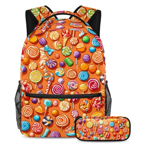 Sac à dos avec trousse cartable indispensable étudiants motif bonbons orange