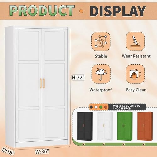 Greenvelly Metal Wardrobe Closet with Doors and Shelves,72\" Armoire Wardrobe Closet for Hanging Clothes for Office, Home, School, Employee,Gym(White,36\" W x 18\" D,Warm Style) - Thumbnail 3