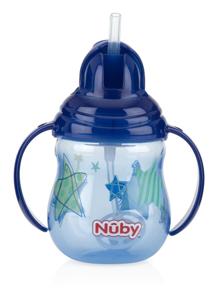Nuby 1-Pack Designer Series No Spill Flip N' Sip Twin Handle Cup with Weighted Straw, 9 oz - Colors May Vary, Blue/Pink/Green/red/Aqua/Orange