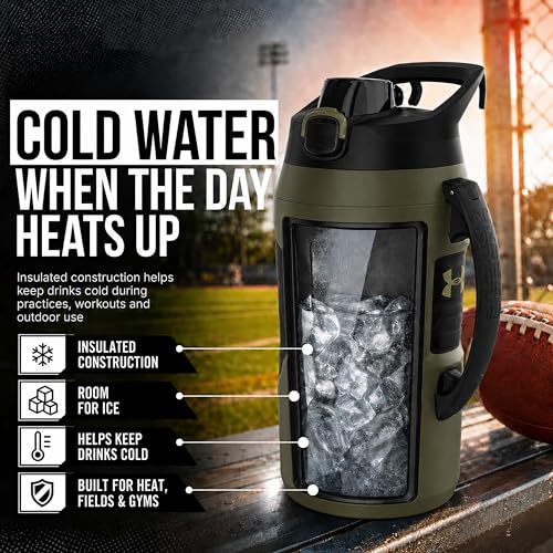 Image of Under Armour Insulated Water Bottle with Handle & Fence Hook, Half Gallon Sports Water Jug, Leak-Resistant & BPA-Free for Baseball, Football & Gym - Marine OD Green, 64oz