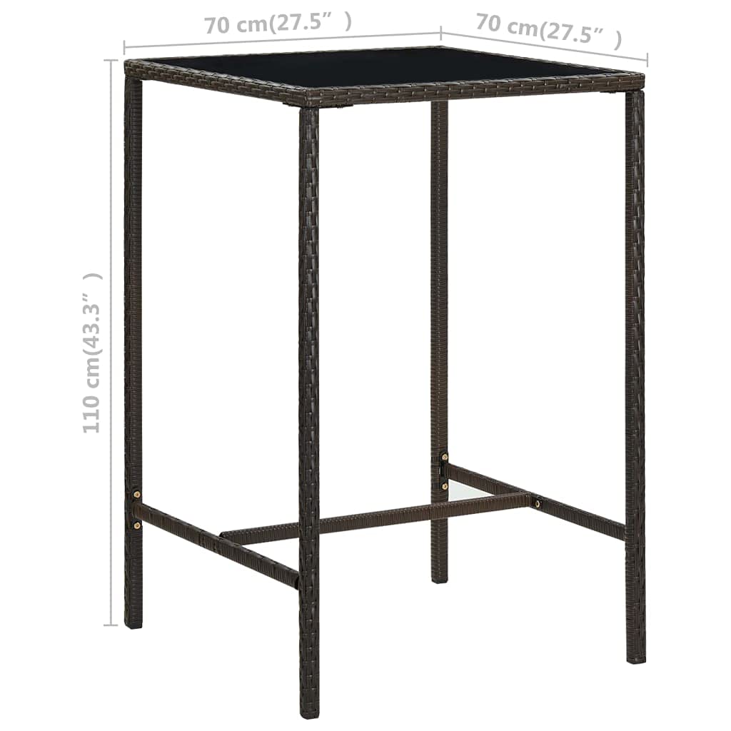Mesa de jardín marrón 70 x 70 x 110 cm de poliratán con cristal templado resistente a la intemperie para terraza, balcón, exterior, mesa auxiliar plegable