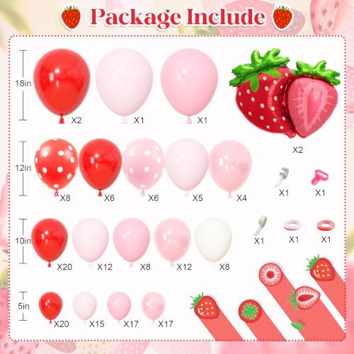 Image of Ouddy Life 171pcs Strawberry Balloons Garland Arch Kit Berry Party Supplies | Red Pink Polka Dot White Strawberry Foil Balloon for Sweet One Girl Baby Shower Berry First Fruit Themed Birthday Supplies