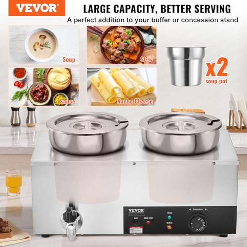 Image of ETL Listed Electric Soup Warmer, Dual 7.4QT Stainless Steel Round Pot 86~185F Adjustable Temp, 1200W Commercial Bain Marie with Anti-Dry Burn, Soup Station for Restaurant, Buffet, Silver