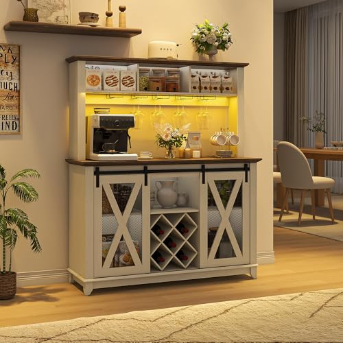 Image of 47 inchWide 56 inchH Farmhouse Coffee Bar Cabinet with Power Outlet and LED Light,Wine Bar Cabinet w /3 Storage Hutch,Kitchen Buffet Cabinet with 10 Wine and Glass Racks for Kitchen Dining Room(Antique White)