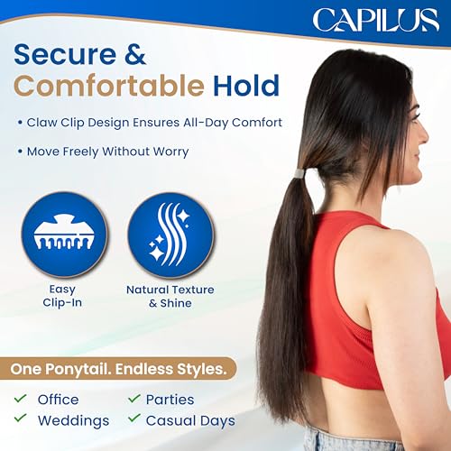 Image of Capilus Flat Clip-In Ponytail Hair Extensions (Brown, 14 Inch) | 100% Natural Human Hair | Changeable Clip | Instant Volume & Length | Original Human Hair Ponytail Extension for Women