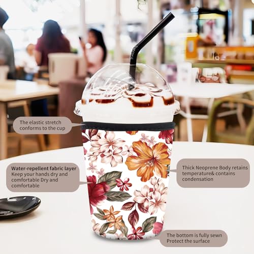 Image of 3 Pack Reusable Neoprene Insulator Sleeve for Iced Coffee Cups, Funny Coffee Cup Sleeves for 16-32oz Coffee cups, Cute Drink Sleeve for Cold Hot Beverages Cute Red Floral