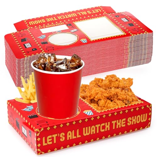 Bekith 50Pcs Movie Night Snack Trays Hold Popcorn Candy Food Drink, Disposable Paper Snack Boxes Movie Night Party Favors, Movie Night Supplies for Movie Theater Family Birthday Party, Red