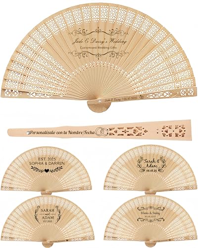 Abanico de Boda Personalizados, Abanicos Boda para Invitados Abanicos de Madera Personalizados con Nombre Grabado, Abanico para Bodas Eventos y Decoración Bautizo (30)