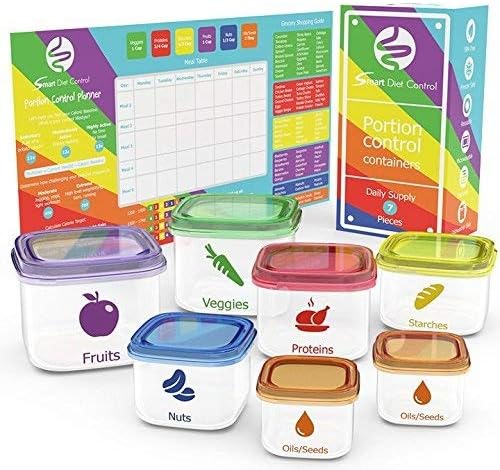 Smart Diet Control 7-Piece Leak-Proof Microwave and Dishwasher Safe Portion Control Container Kit with Meal Planner Complete Guide and eBook, Multi-color Lids