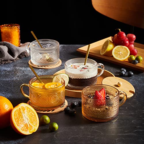 Tekuve Vintage Glass Coffee Mugs Set Of 4, Clear Embossed Tea Cups, Coffee Bar Accessories, Iced Coffee Cups With Bamboo Lids And Spoons For Overnight Oats, Yogurt, Cappuccino, Latte(4T) #TOP2
