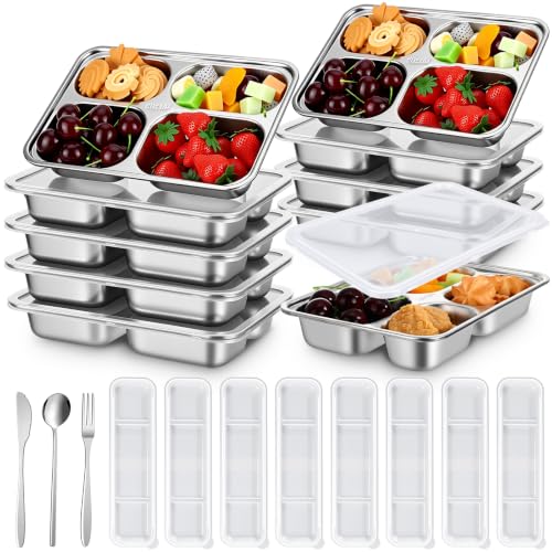 Image of 8 Pack Stainless Steel Snack Container with Lids, 4 Compartment Leakproof Bento Boxes, Reusable Metal Lunch Box & 8 Sets Portable Travel Utensil Flatware Set for Office, Travel