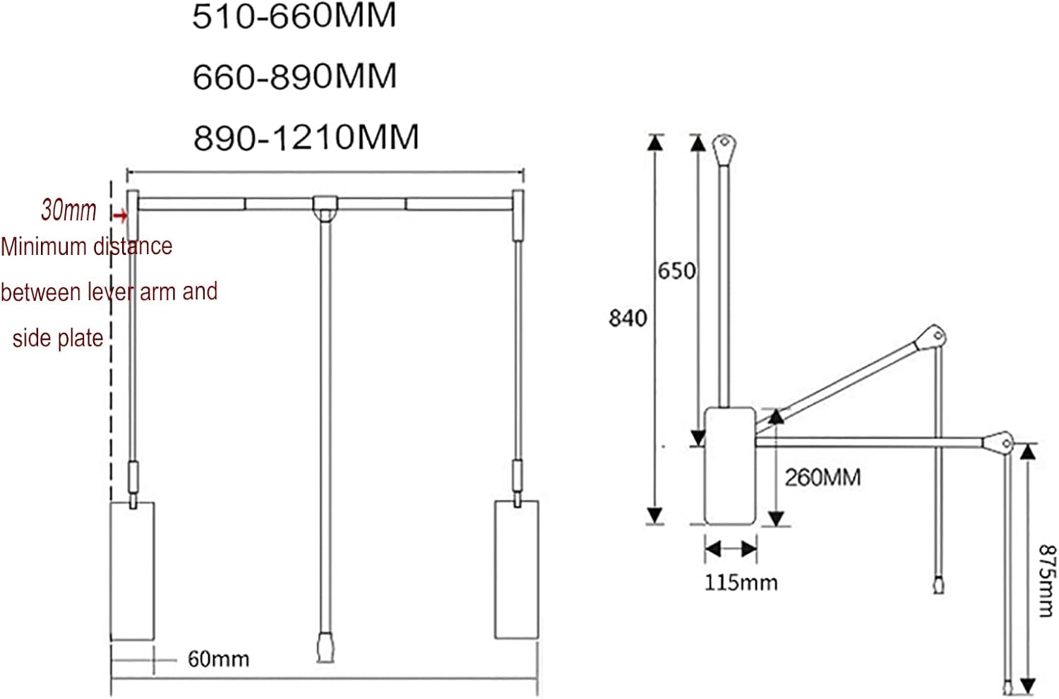 Adjustable Drop Down Wardrobe Rails 20-25.6" - Space-Saving Closet Organizer, Wall-Mounted Industrial Frame, Versatile Width 660-890mm, Easy Installation & Stylish Design
