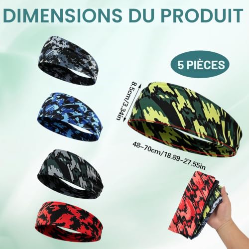 5 Pièces Sport Bandeaux Élastiques Homme, Bandeau Cheveux Serre Tete Homme Antidérapants, Absorption Transpiration, Respirant, Protection UV, Bandeau pour Sport, Running, Fitness, Yoga – vue 2